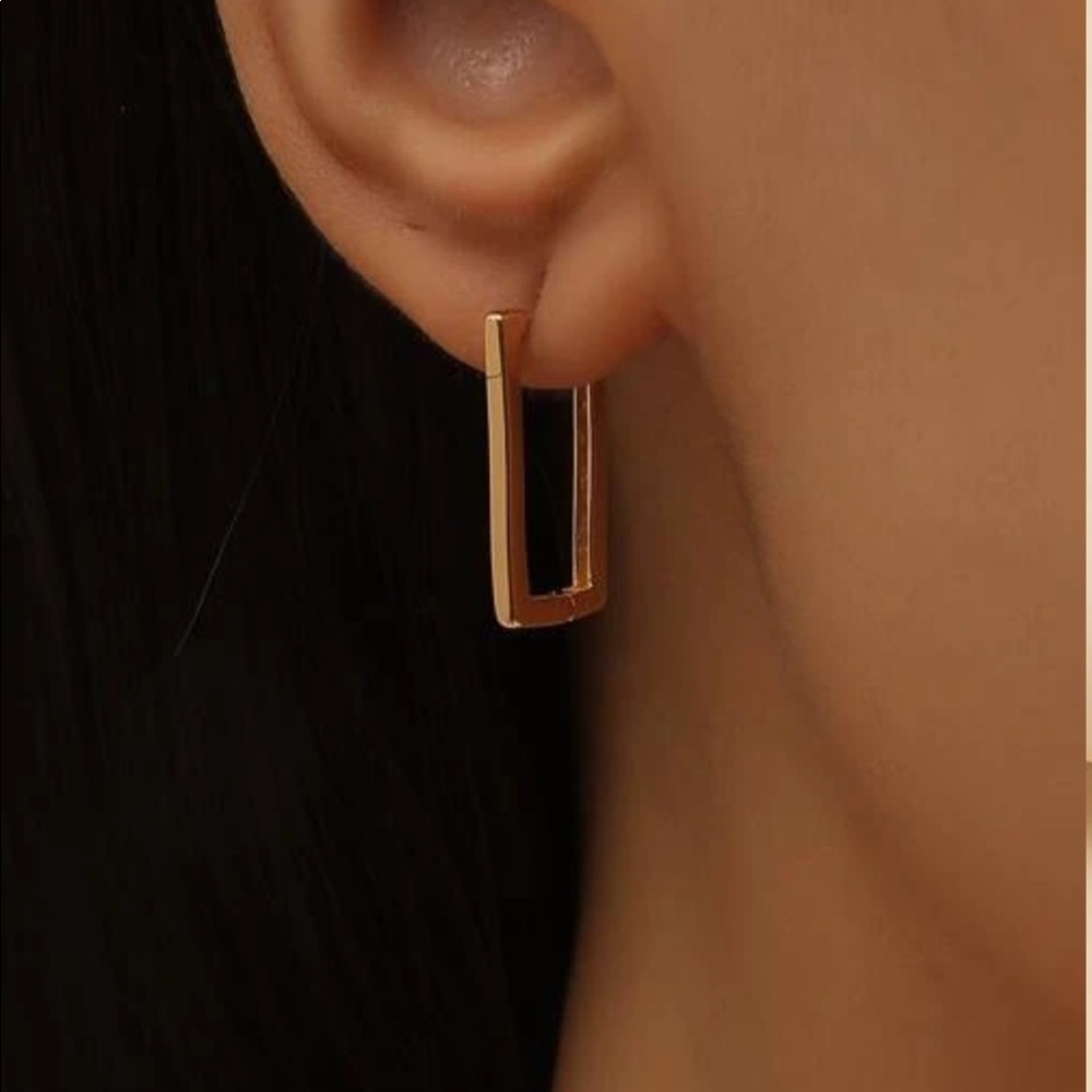 Rectangle Gold Minimalist Hoop Earrings Dainty Style - Picture 1 of 3